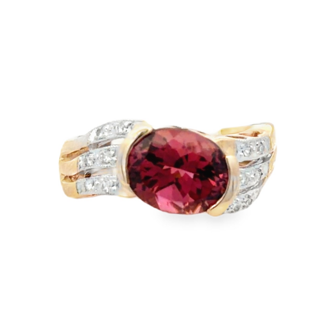 Estate 14K Yellow Gold 3.00CTW Oval Pink Tourmaline & Diamond Ring