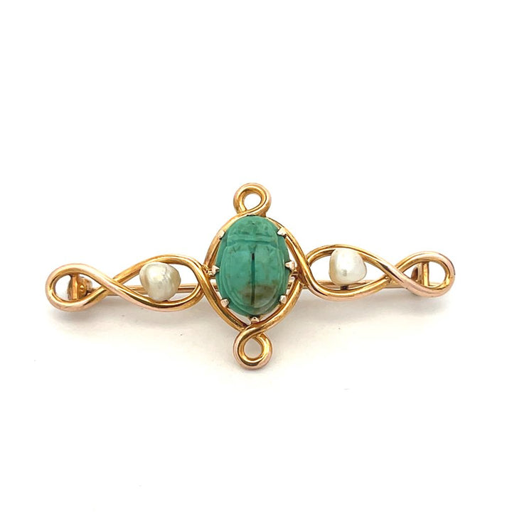 Estate 10K Yellow Gold Turquoise Scarab & Pearl Egyptian Revivanl Antique Pin