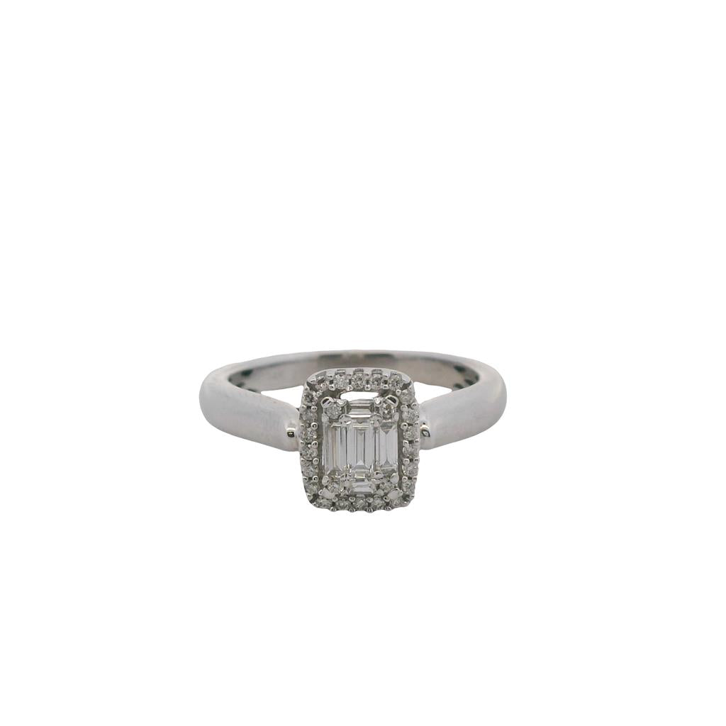 Estate 14K White Gold Baguette and Round Diamond Halo Engagement Ring - 0.35 TCW Contemporary Design