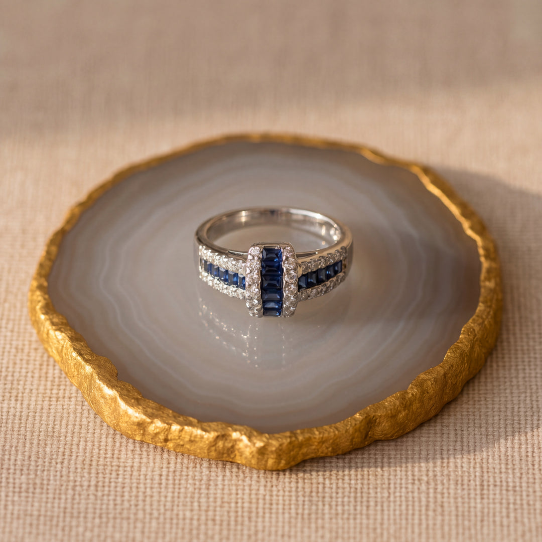 Estate 18K White Gold Baguette Blue Sapphire and Diamond Ring