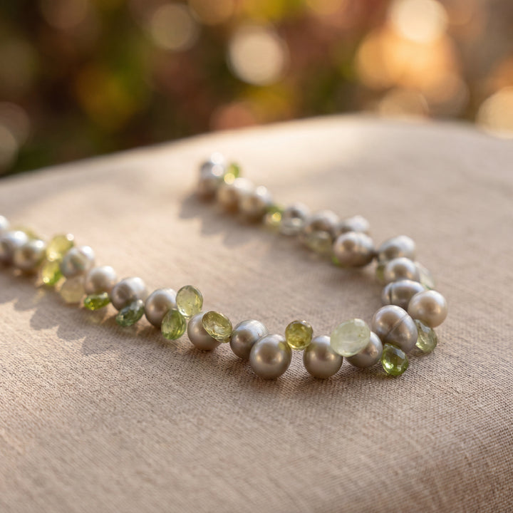 Estate Sterling Silver Dyed Green Pearl, Peridot & Quartz Beaded Necklace