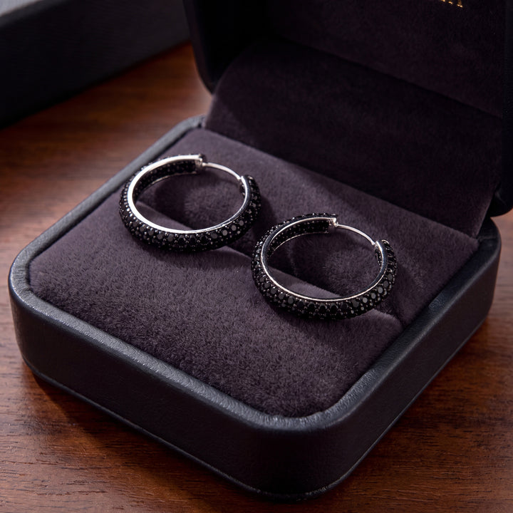 Estate Sterling Silver Round Brilliant Black Diamond Hoop Earrings