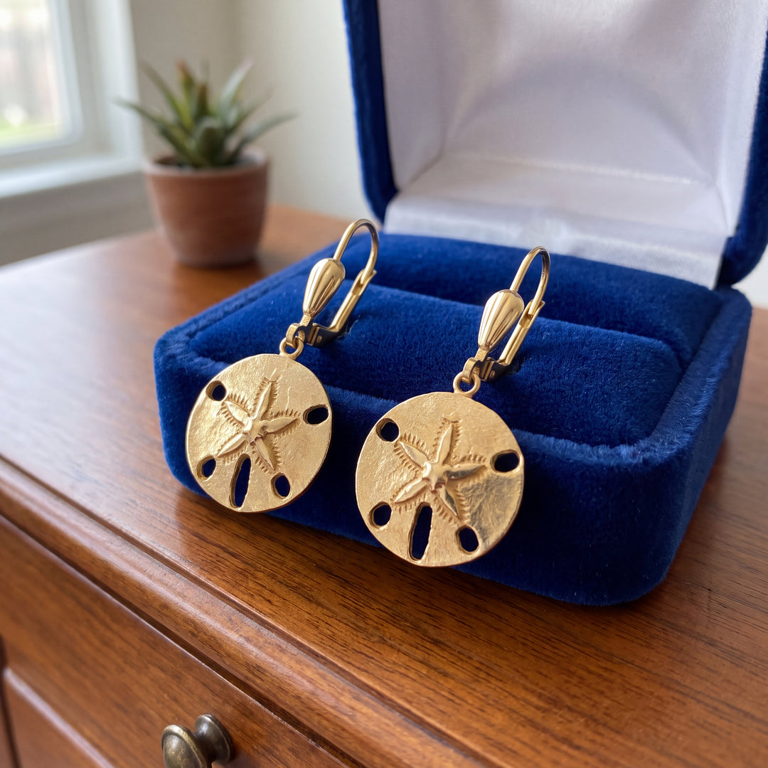 Estate 14KT Yellow Gold Sand Dollar Lever Back Earrings