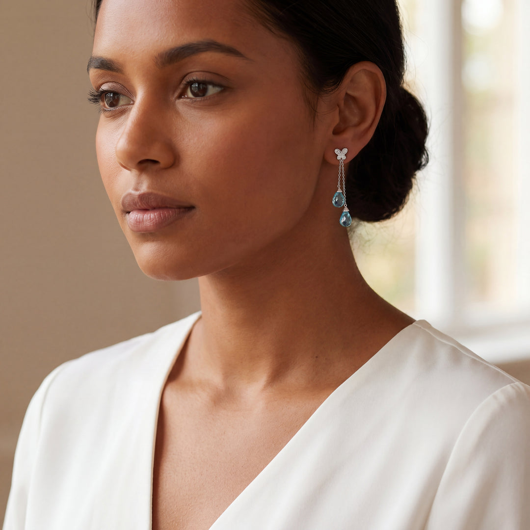 Estate 10K White Gold 8.73CTW Blue Topaz Briolette Butterfly Drop Earrings