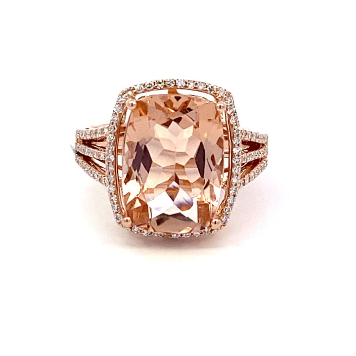 14K Rose Gold 6.61ctw Cushion Morganite & Diamond Halo Ring