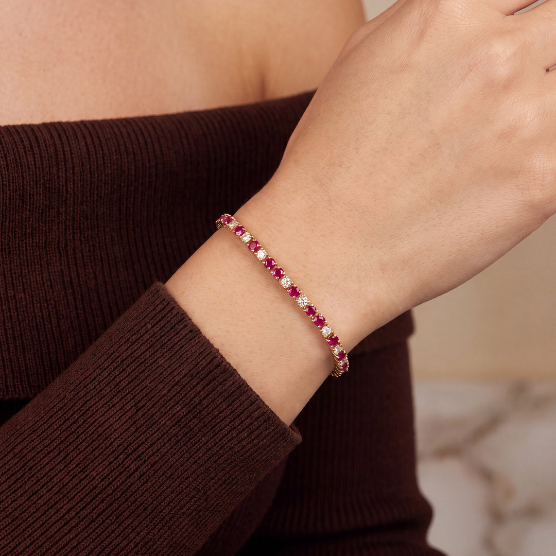 Estate 14K Yellow Gold Round Brilliant Ruby & Diamond Line Bracelet