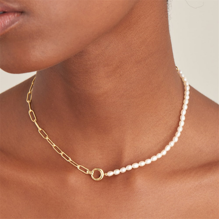 Gold Plated Pearl Strand & Paperclip Chain Necklace by Ania Haie