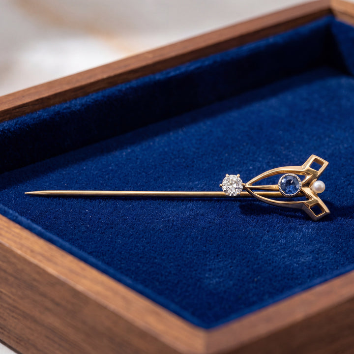 Estate 14KT Yellow Gold Old Mine Cut Diamond, Sapphire & Pearl Stick Pin, Art Nouveau, ca. 1900