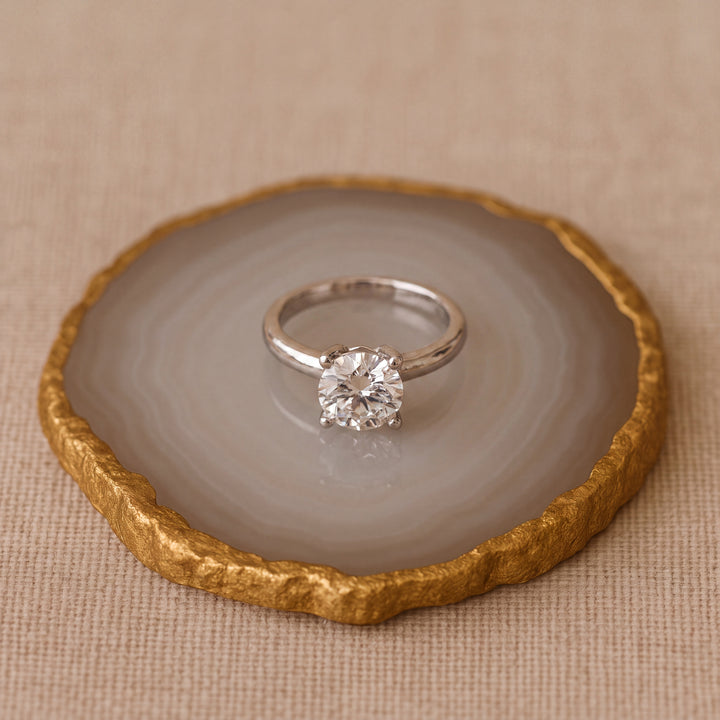 14KT White Gold Round Transitional Cut Diamond Engagement Ring, Mid-Century Modern