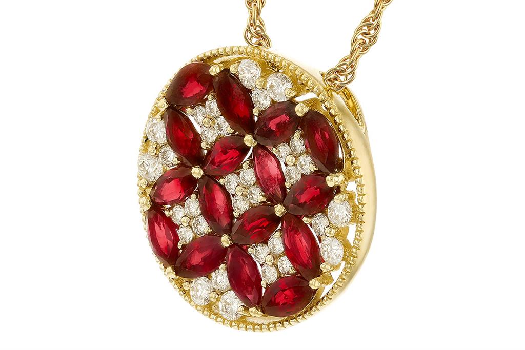 14K Yellow Gold 1.92ctw Ruby & Diamond Floral Medallion Necklace by Allison Kaufman