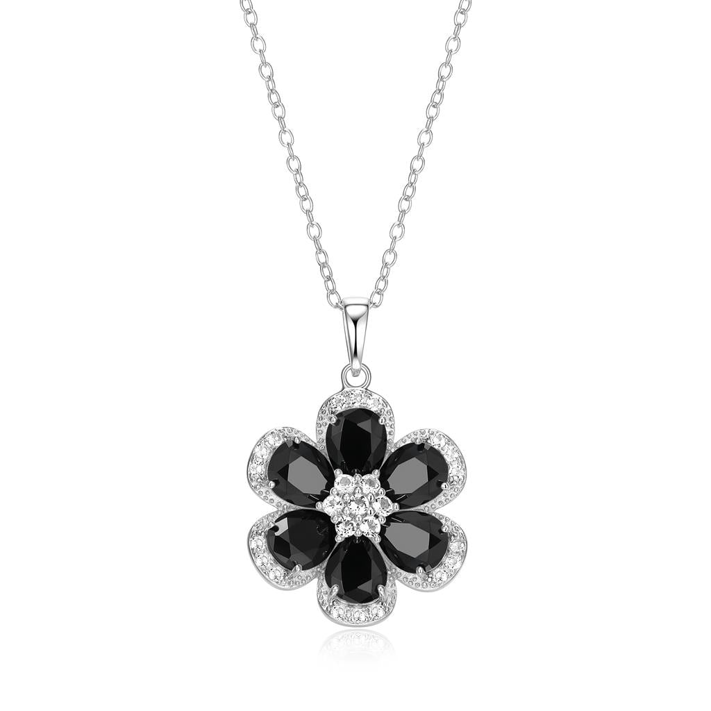 Sterling Silver Black Spinel & White Topaz Flower Necklace by Samuel B.