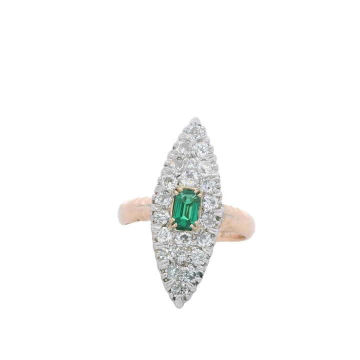 Estate Sterling Silver & 14K 1.27ctw Synthetic Emerald & Diamond Antique Ring