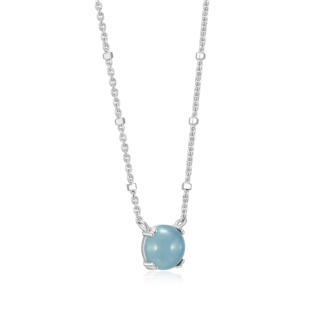 Sterling Silver Rhodium Plated Round Aquamarine Sparkle with 18" Chain