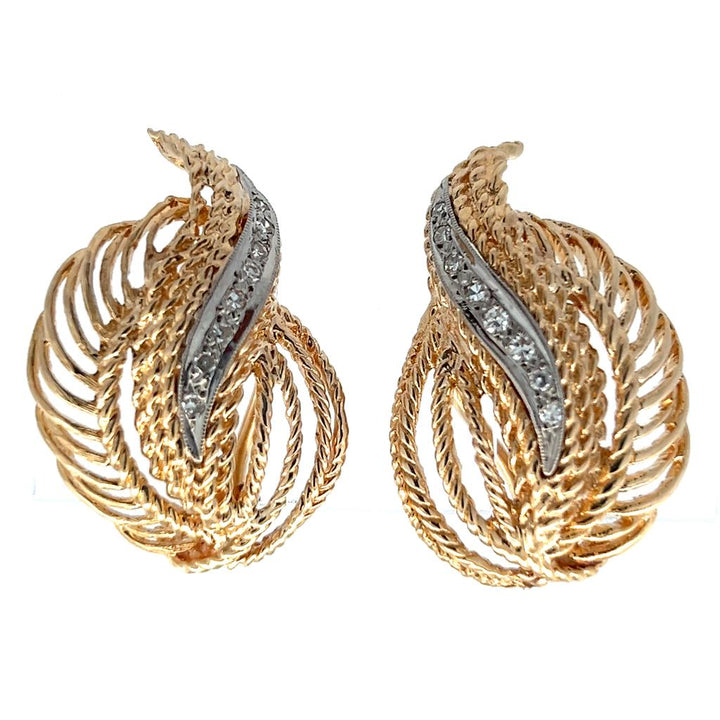 Estate 14K Two Tone Gold 0.20ctw Diamond Feather Stud Earrings