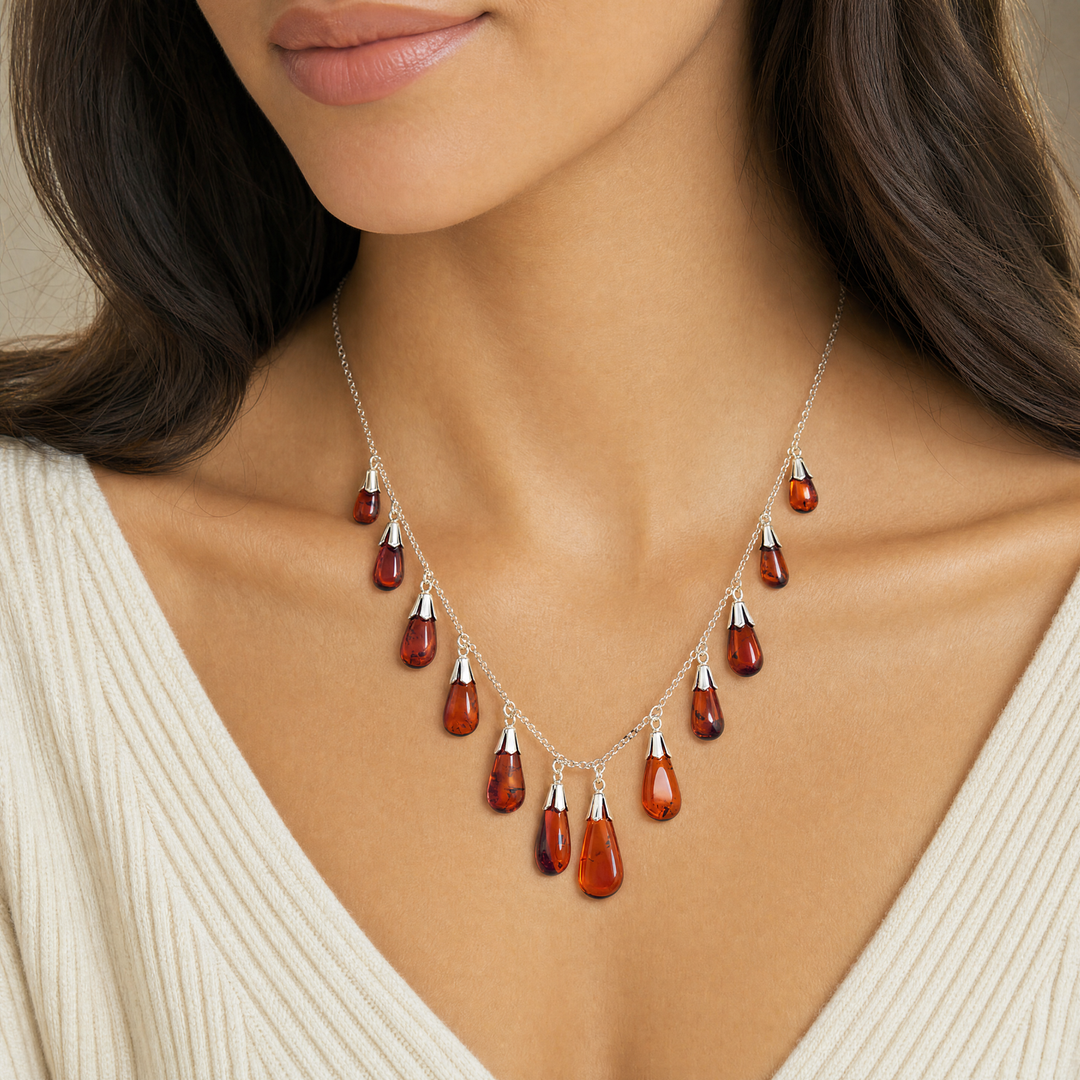 Estate Sterling Silver Graduating Pear Cabochon Amber Station Necklace