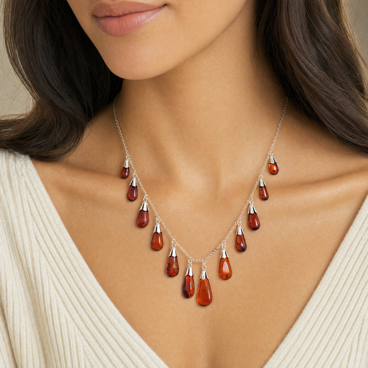 Estate Sterling Silver Graduating Pear Cabochon Amber Station Necklace