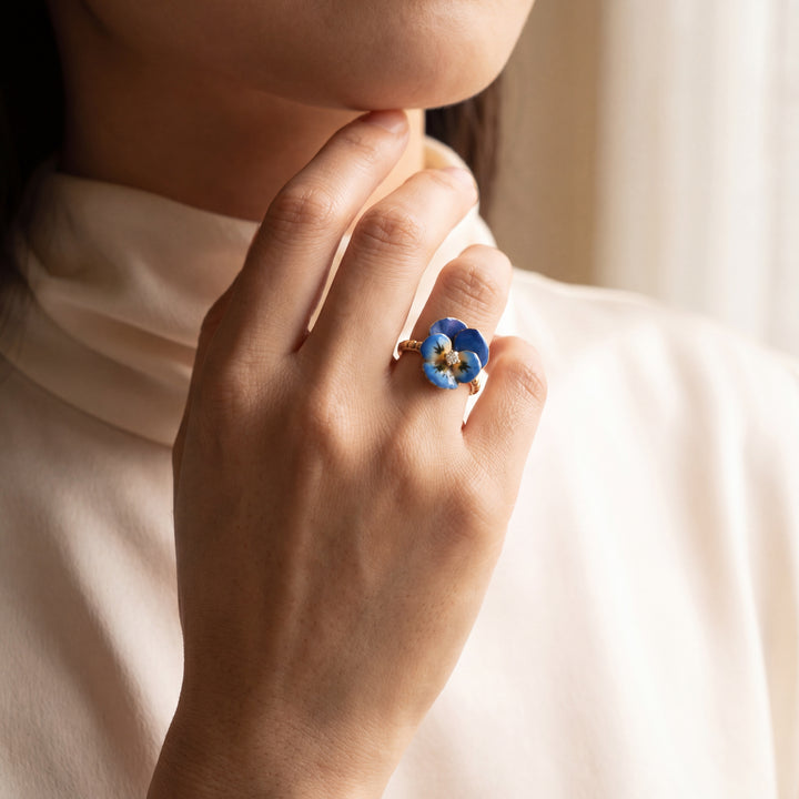 Estate 14K Yellow Gold Diamond Painted Pansy Ring
