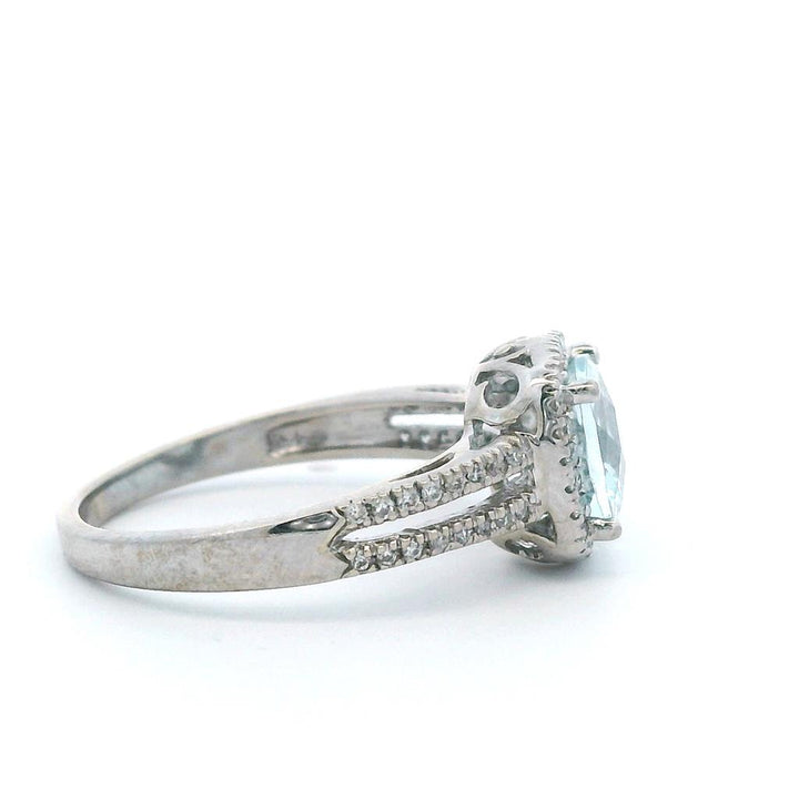 Estate 14K White Gold 1.62ctw Cushion Aquamarine & Diamond Halo Ring