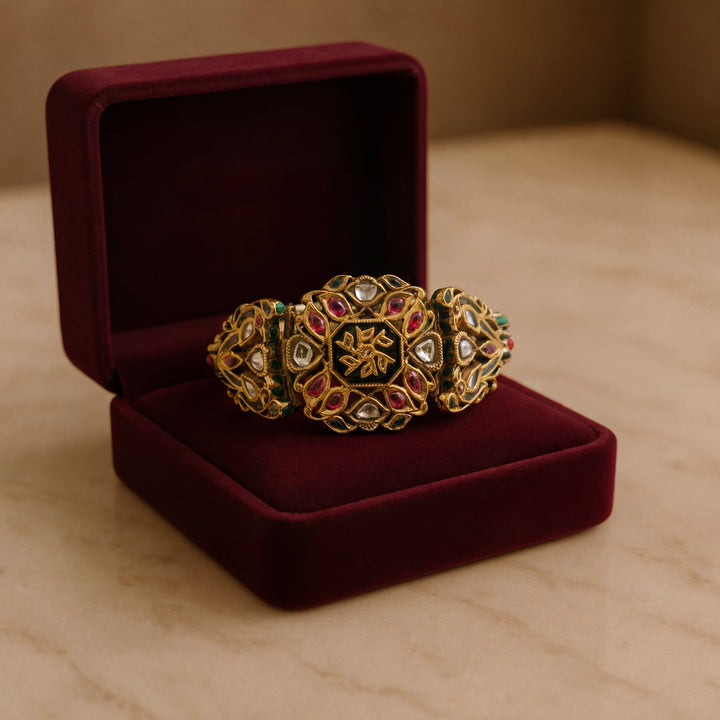 Estate Gold-Filled Kundan-Style Pink Sapphire, Polki Diamond and Enamel Hinged Bracelet