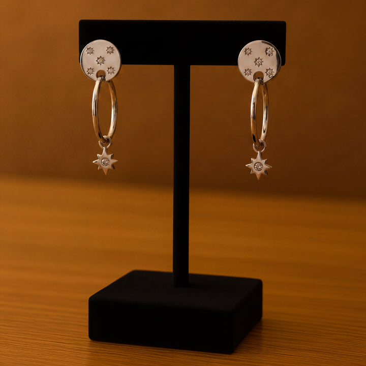Estate Sterling Silver Cubic Zirconia Celestial Star Drop Hoop Earrings