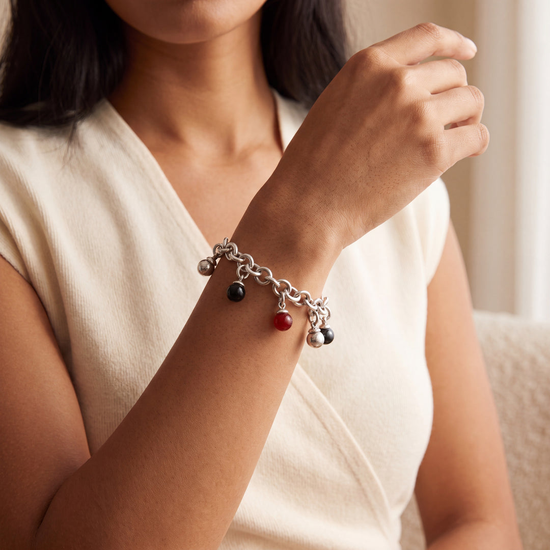 Estate Tiffany & Co. Sterling Silver Carnelian, Black Onyx & Hematite Sphere Charm Bracelet