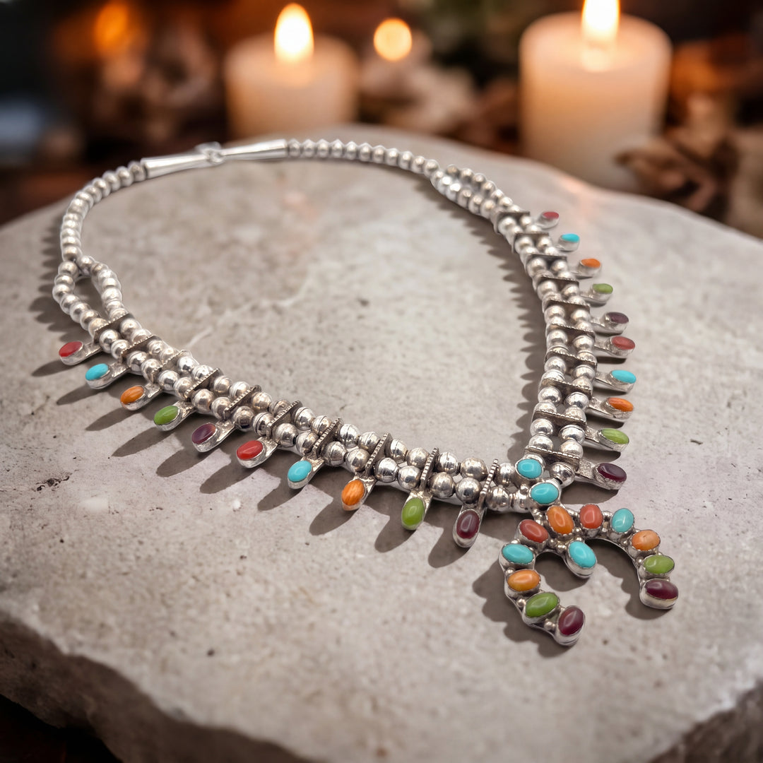 Estate Sterling Silver Oval Multi-Stone Squash Blossom Necklace, Vintage