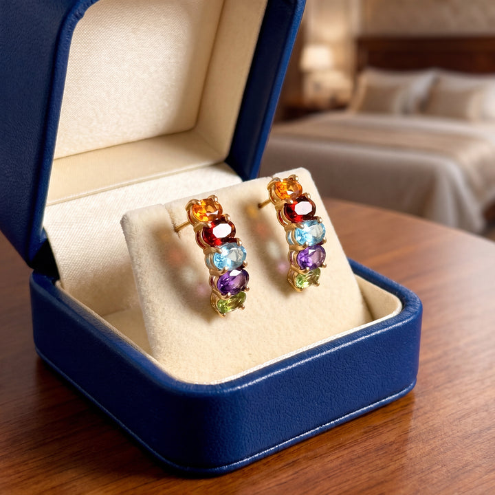 Estate 14K Yellow Gold 2.07CTW Multi-Gemstone J-Hoop Earrings