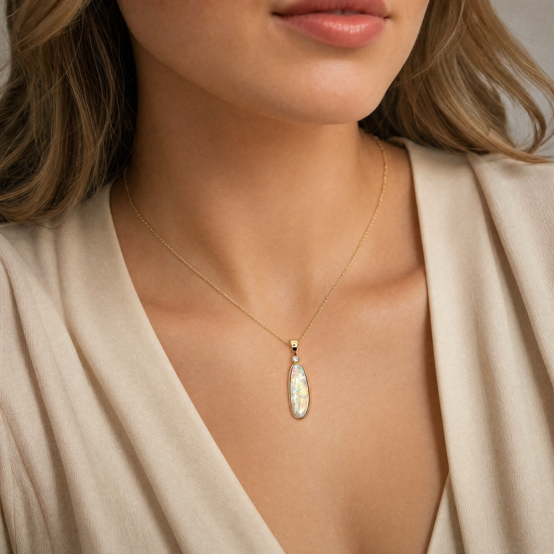 Estate 18K Yellow Gold Freeform Opal & Diamond Pendant