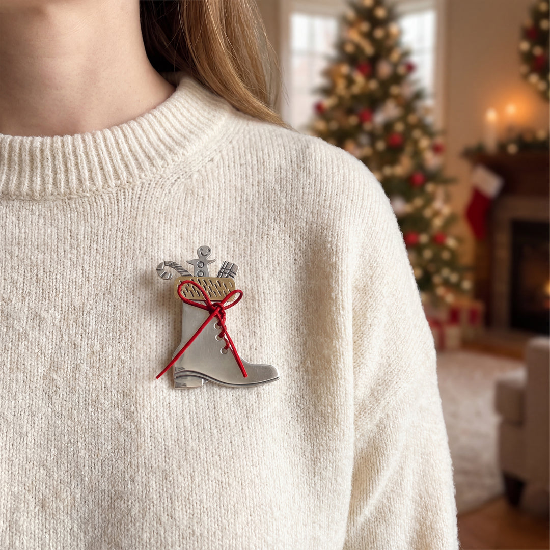 Estate Sterling Silver Santa Boot Pin with Holiday Motifs