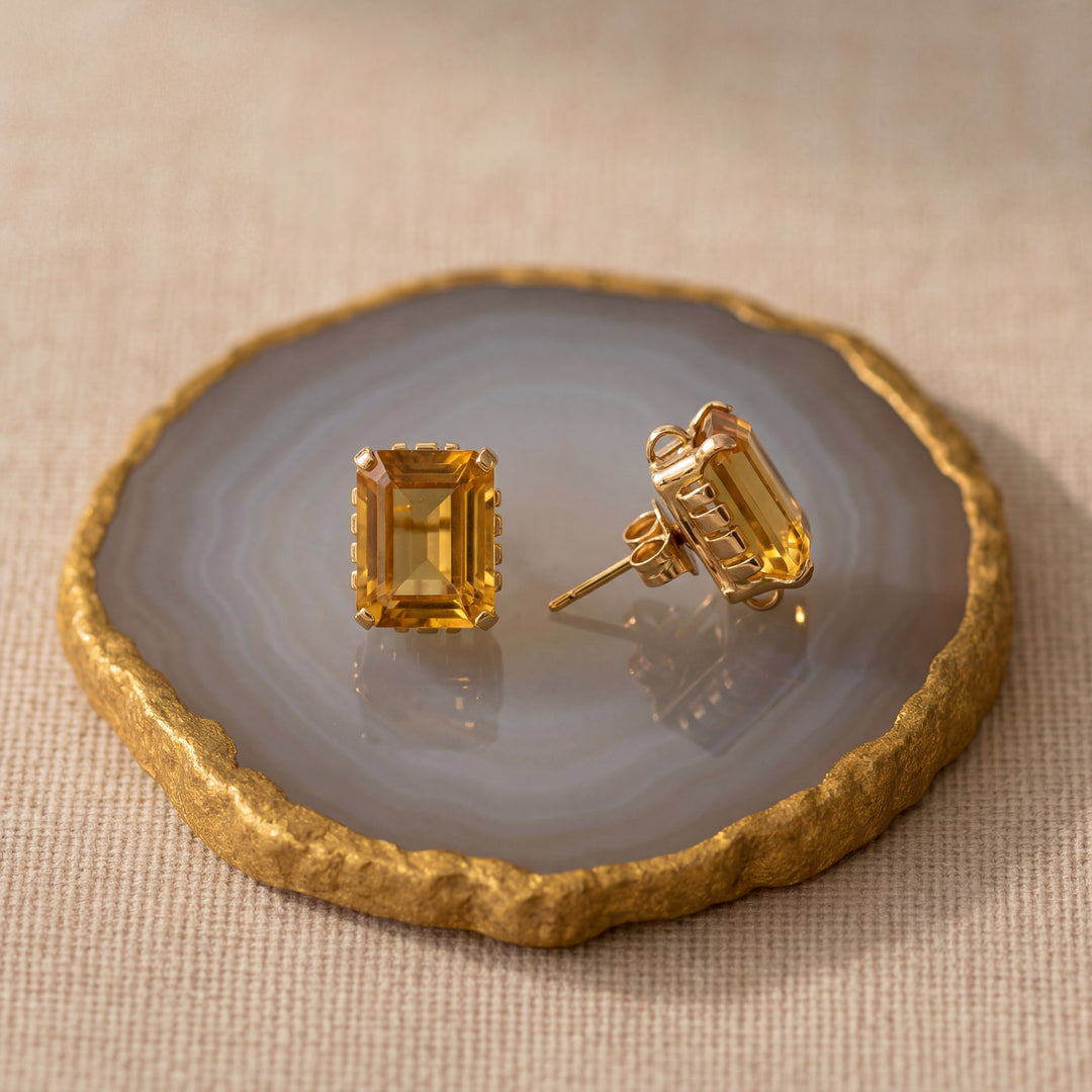 Estate 14K Yellow Gold 6.30CTW Emerald-Cut Citrine Vintage Stud Earrings