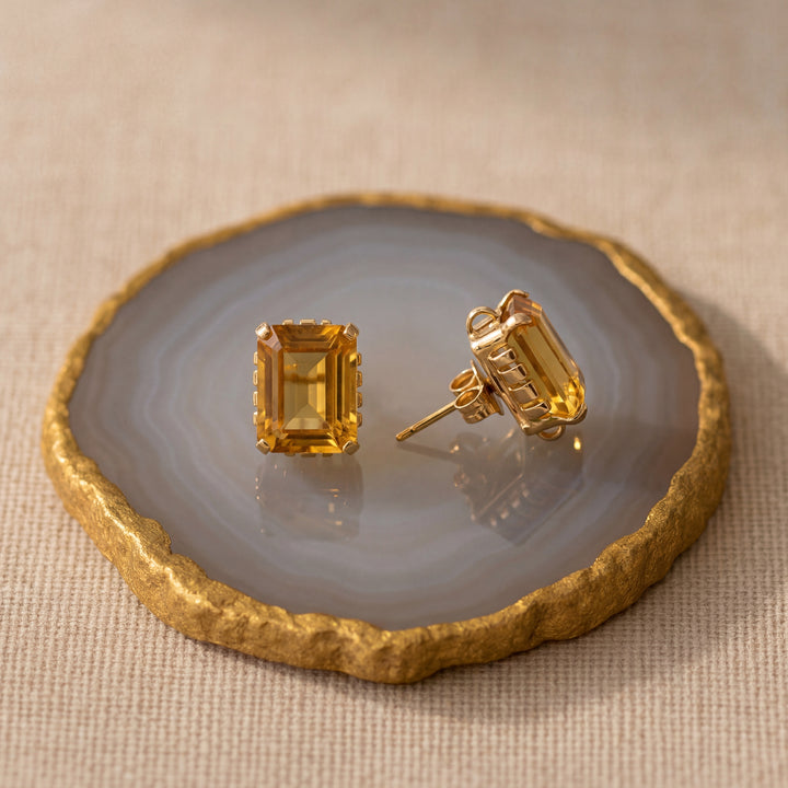 Estate 14K Yellow Gold 6.30CTW Emerald-Cut Citrine Vintage Stud Earrings
