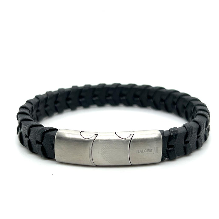 Stainless Steel Black Leather Braided Bracelet by Italgem