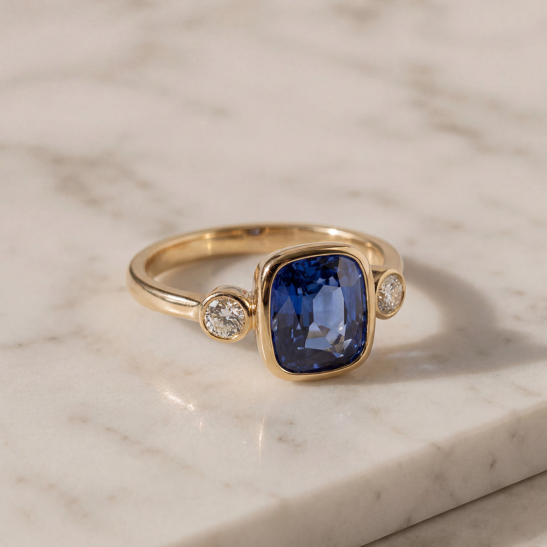 14K Yellow Gold 3.20CTW Cushion-Cut Blue Sapphire and Diamond Three-Stone Ring