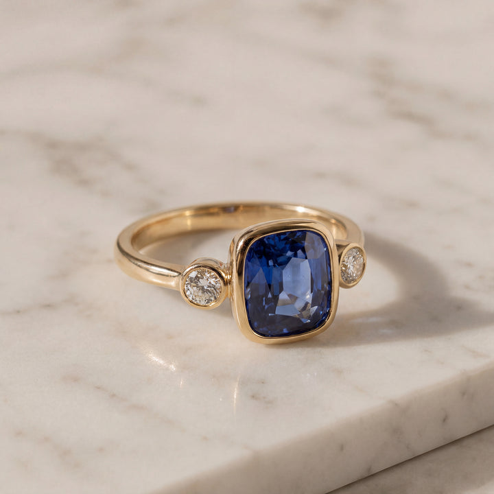 14K Yellow Gold 3.20CTW Cushion-Cut Blue Sapphire and Diamond Three-Stone Ring