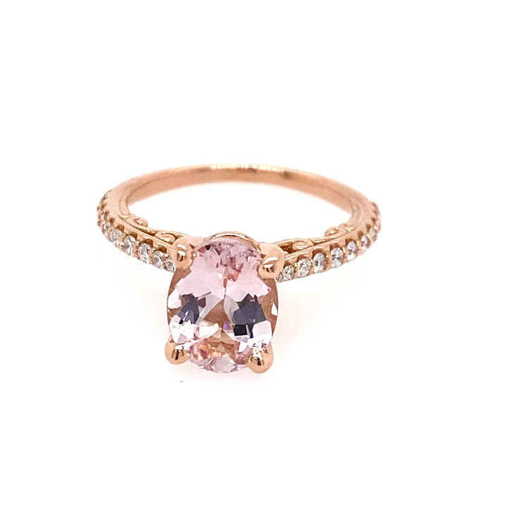 14K Rose Gold 1.97ctw Oval Morganite & Diamond Scroll Ring