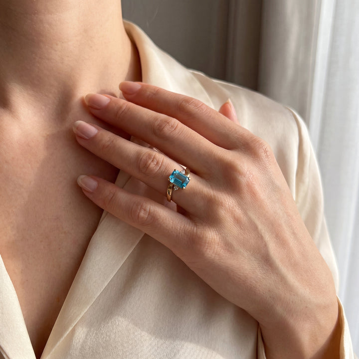 Estate 14K Yellow Gold Emerald Cut Blue Topaz & Diamond Bypass Ring