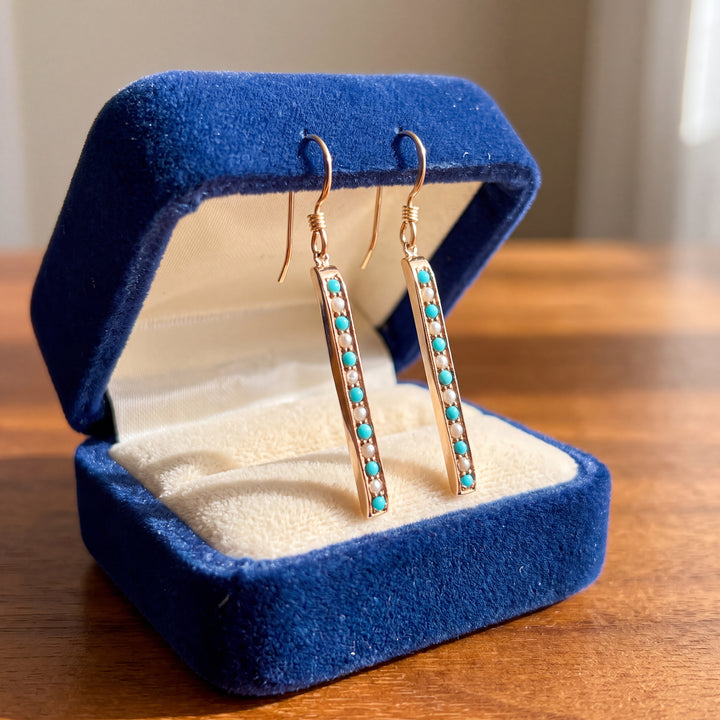 14KT Yellow Gold Seed Pearl & Turquoise Drop Earrings