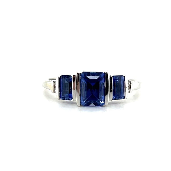Estate 10K White Gold Emerald Cut Iolite and Diamond Three Stone Ring