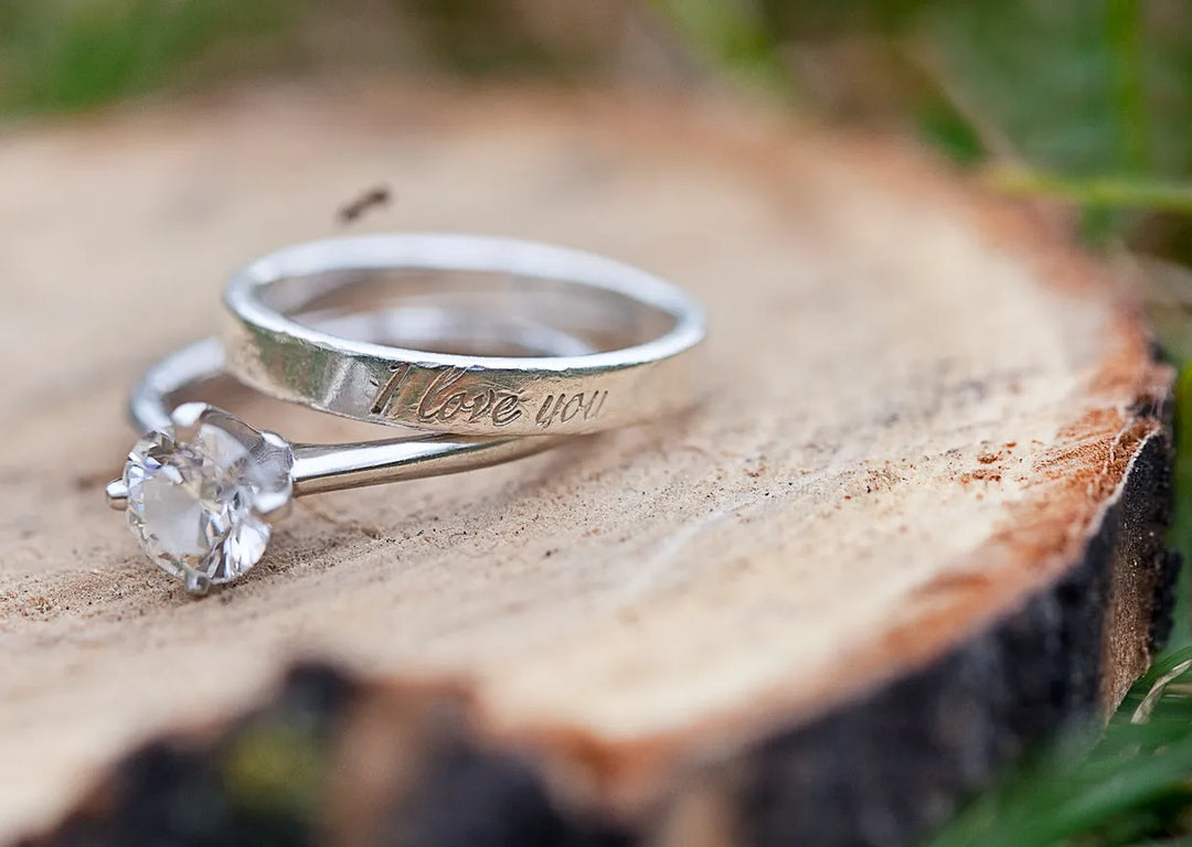 Bridal ring set with "I love you" engraved on the outside of the wedding band