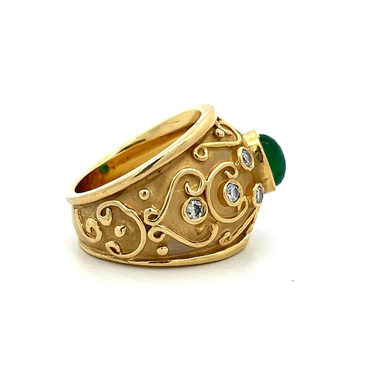 Estate 18K Yellow Gold 1.25ctw Oval Emerald & Diamond Scroll Ring