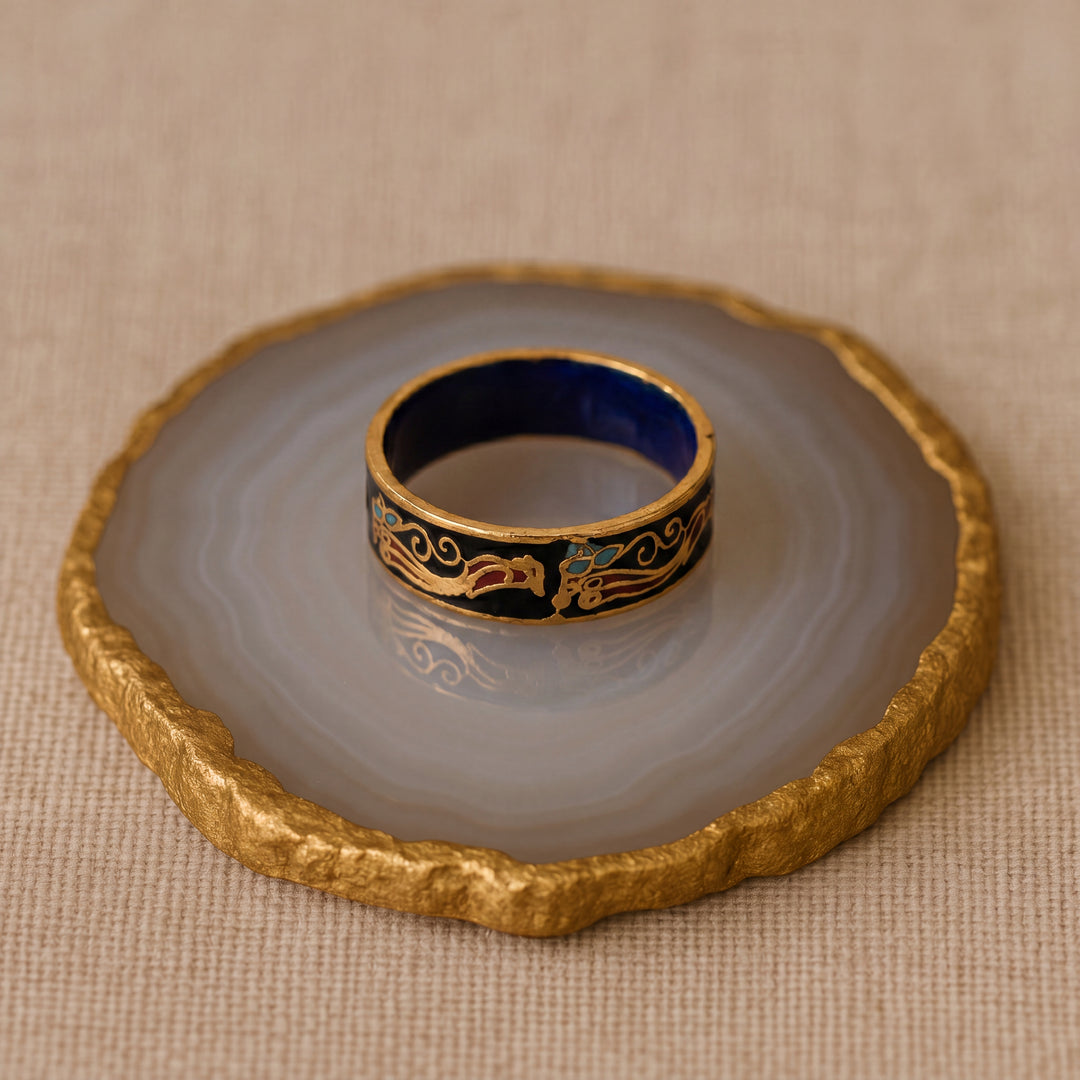 Estate 1970s Gold Tone Black & Multicolor Enamel Bird & Flower Ring