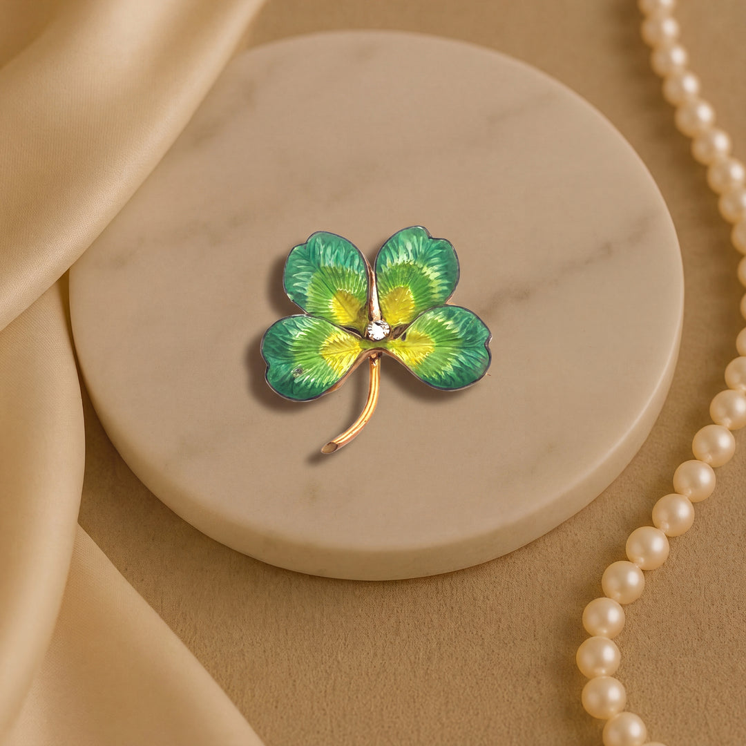 Estate Yellow Gold Filled Antique Four Leaf Clover Brooch with Glass Accent