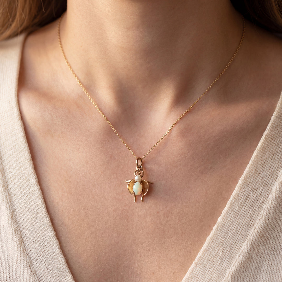 Estate 14K Yellow Gold Opal & Pearl Bug Pendant