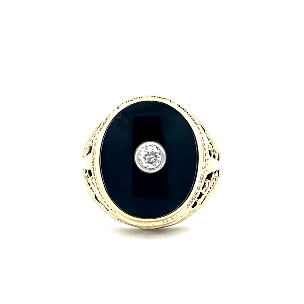 Estate 14K Yellow Gold Black Onyx & Diamond Art Deco Ring