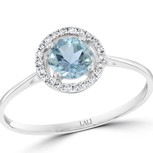 14K White Gold 0.52ctw Round Aquamarine & Diamond Halo Ring