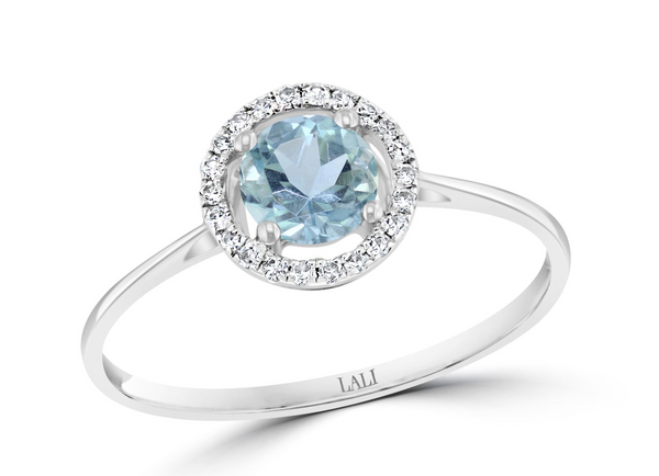 14K White Gold 0.52ctw Round Aquamarine & Diamond Halo Ring