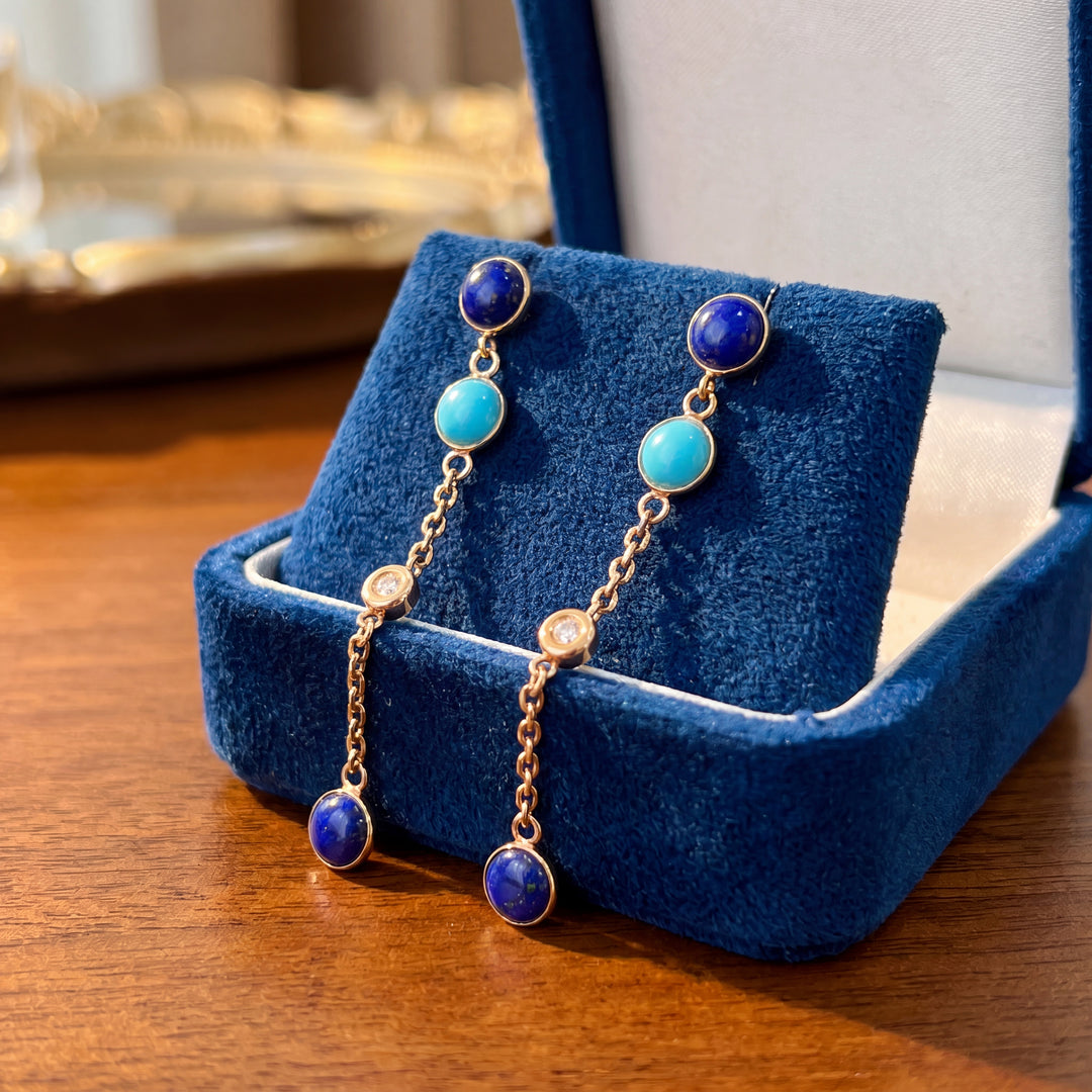 Estate Effy 14K Yellow Gold Diamond, Turquoise & Lapis Lazuli Station Earrings