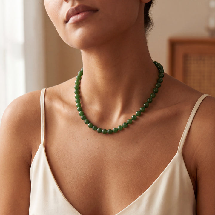 Estate 14K Yellow Gold Nephrite Jade Bead Necklace