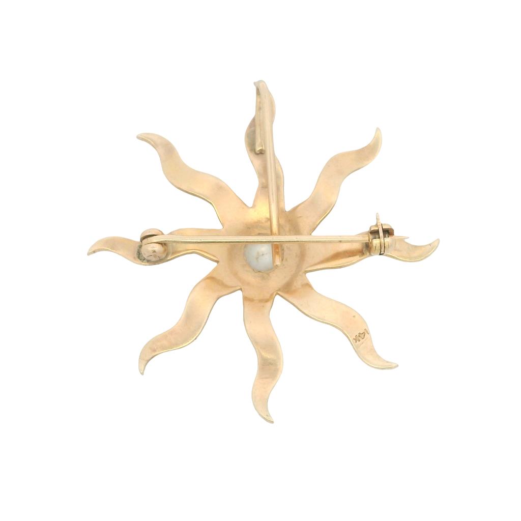 Estate 14K Yellow Gold Pearl Sunburst Brooch - Natural Pearls 1900s Design
