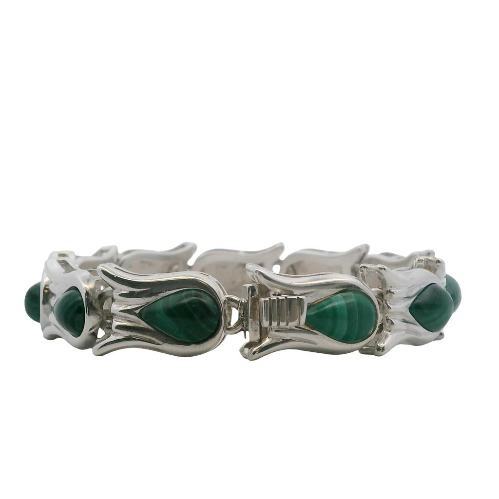 Estate Sterling Silver Pear Shaped Malachite Link Bracelet